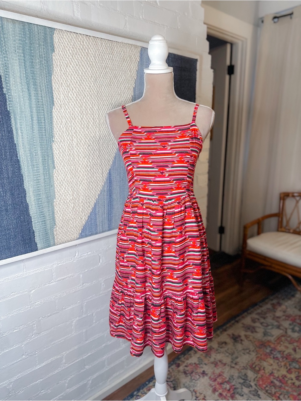Loft Red and Green Abstract Striped Dress